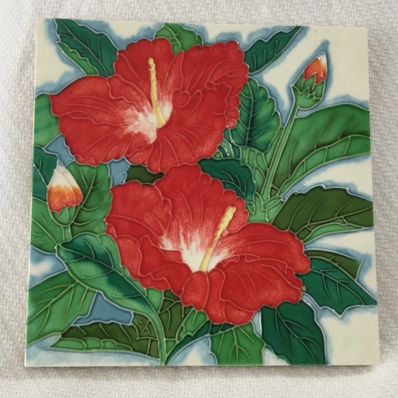 Hibiscus Flowers Ceramic Tile 8 x 8 NEW VTG - Picture 1 of 7
